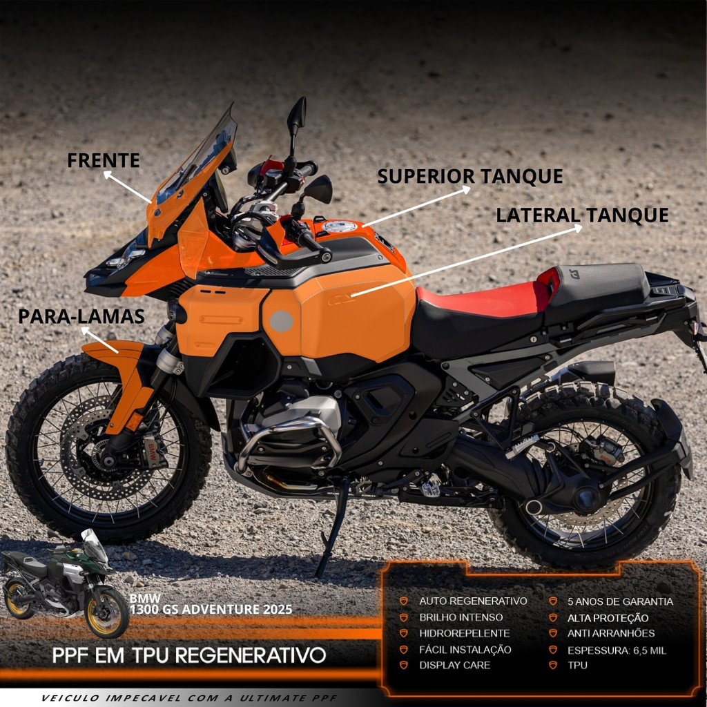 Película PPF Proteção Kit Semi Full Moto BMW R 1300 GS Adventure 2025 Transparente TPU Anti Risco