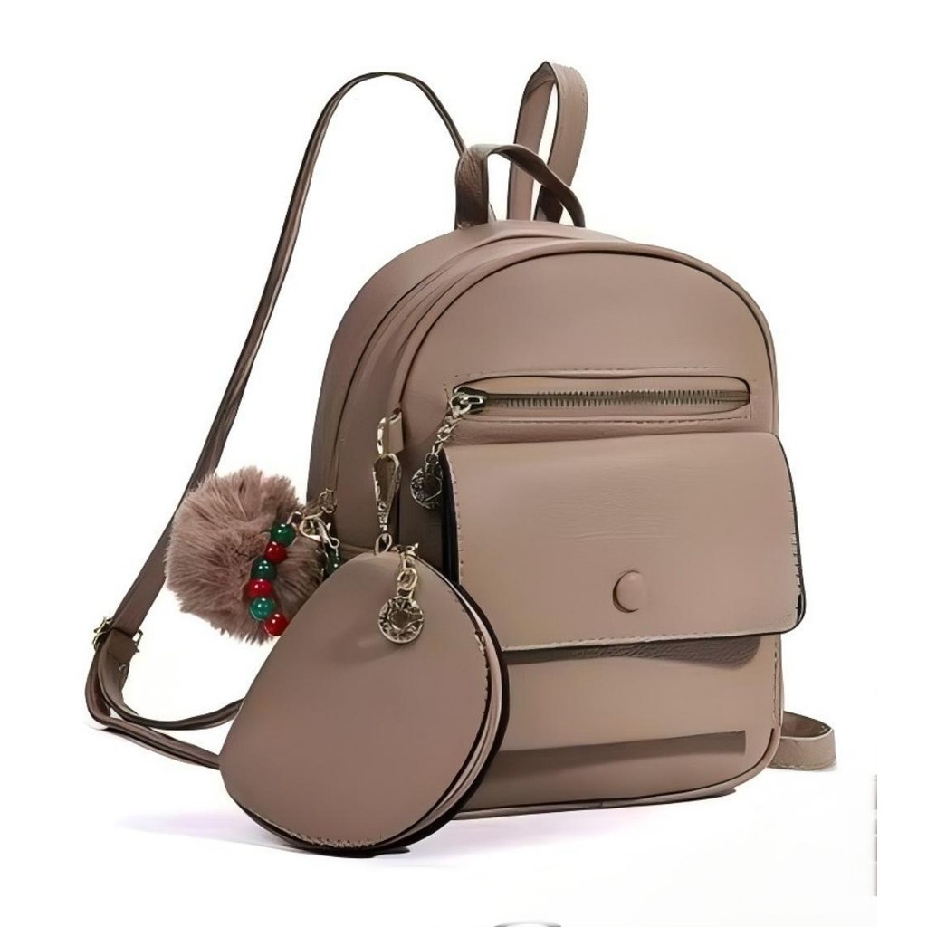 Mochila Feminina Media de Couro PU estilo Vintage Moderna Com Chaveiro Pombom e Porta Moeda