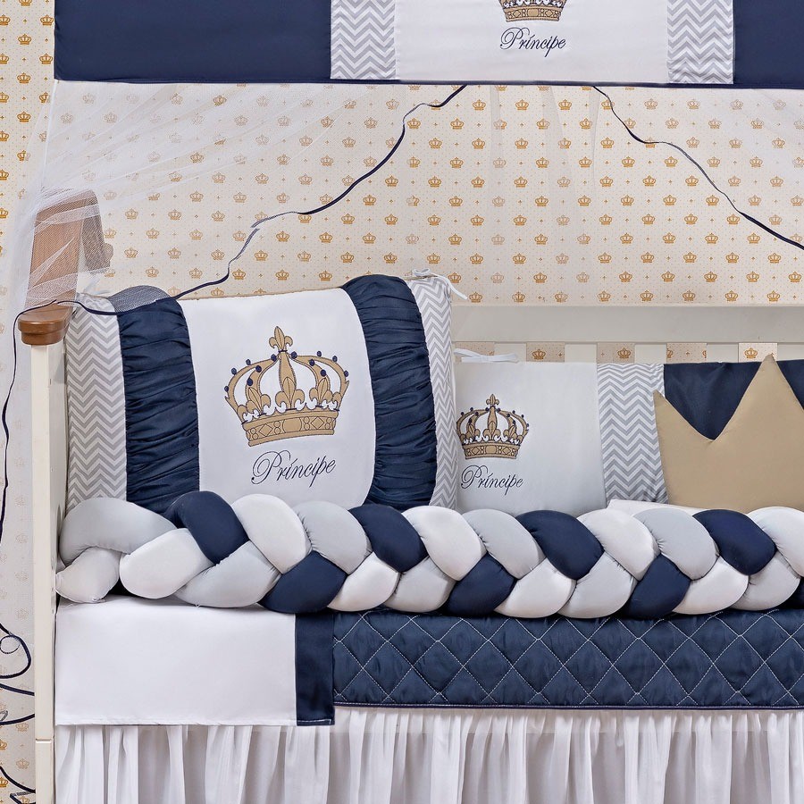 Kit Berco Coroa Tranca 11 Pcs Menino Principe Marinho Bebe Chevron Protetor Americano Mosquiteiro