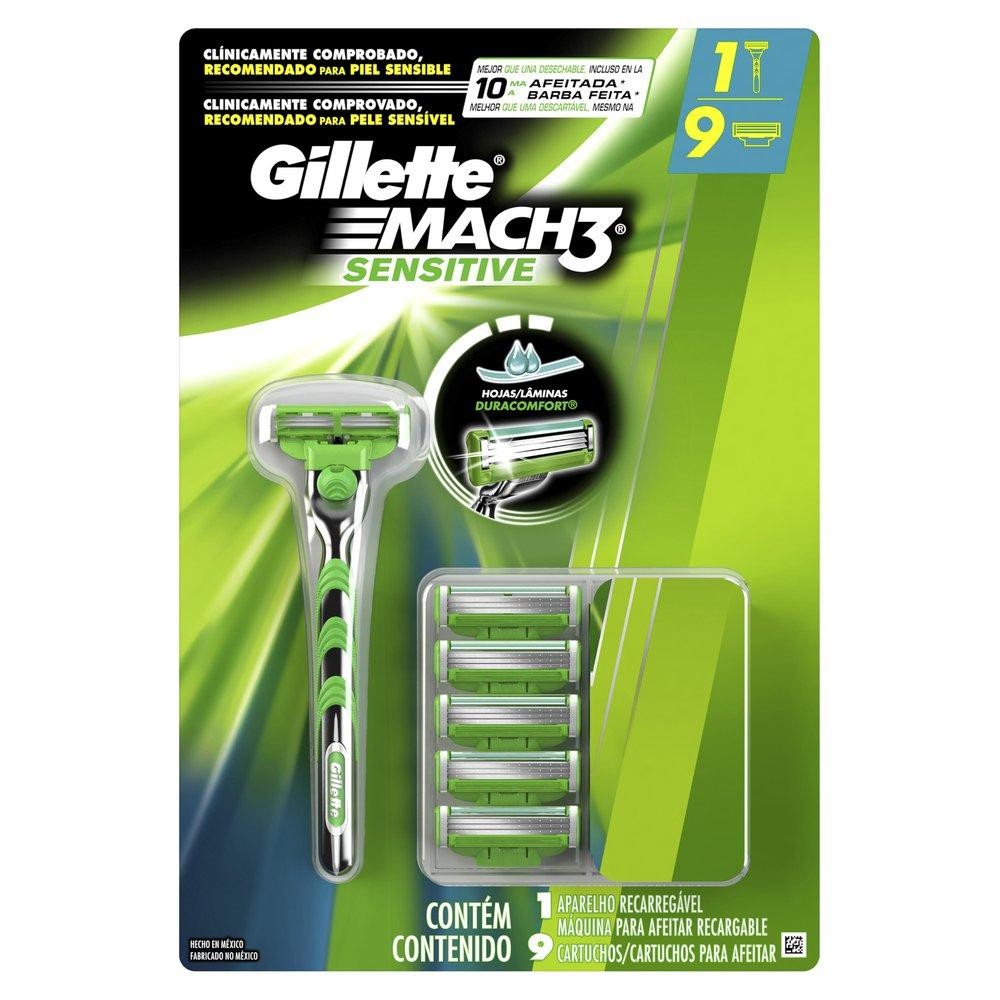 Aparelho de Barbear Gillette Mach3 Sensitive + 9 Cargas Sensitive em Oferta na Shopee