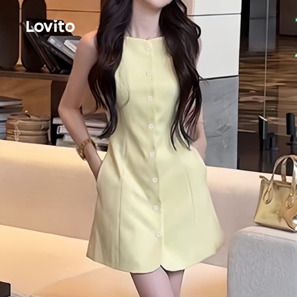 (Trendy) Lovito Vestido Casual de Botão com Bolso Primavera/verão Amarelo Macio e Confortável para mulheres L137ED025