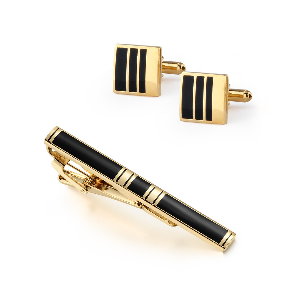 Conjunto de Prendedor de Gravata e Botões de Punho de Luxo, Prendedor de Gravata Esmaltado Preto Banhado a Ouro, Botões