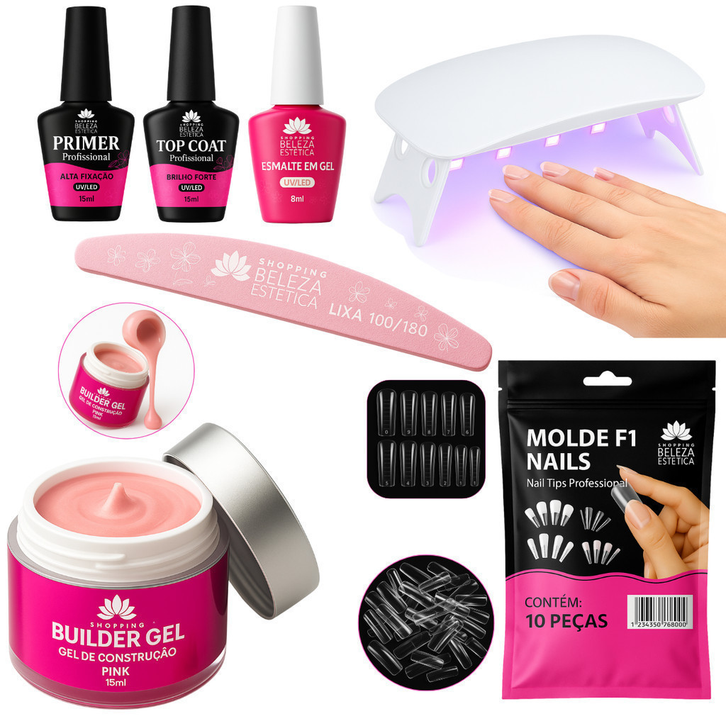 Kit Gel Construtor Unhas Profissional Molde F1 + Preparadores + Esmalte Lixa + Mini Cabine UV/LED Nail Designer Completo em Oferta na Shopee