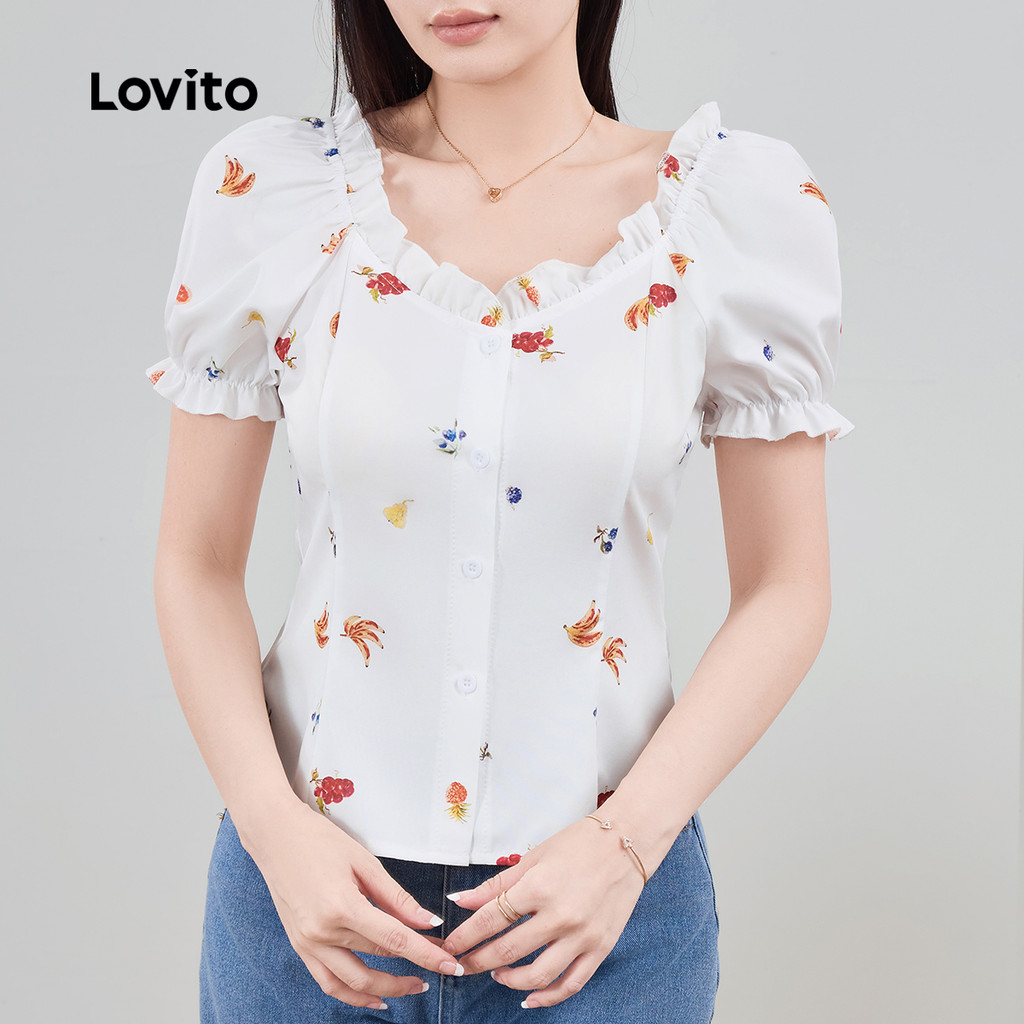 Detalhes do Lovito Blusa Elegante com Borda de Alface Simples Macia e Confortável Primavera/Verão LB135ED534