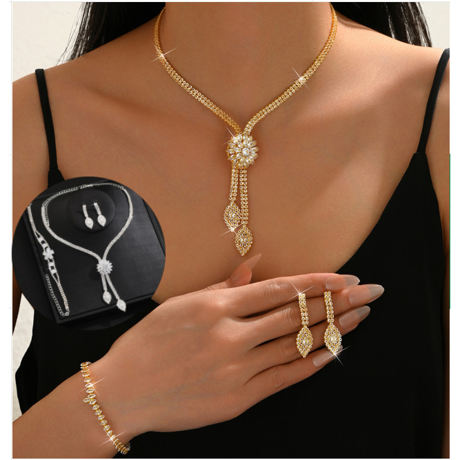 Novo conjunto de joias de zircônia criativas de moda europeia e americana, conjunto de brincos e colares para casamento em Oferta na Shopee