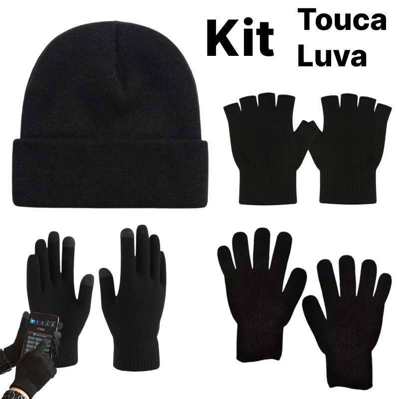 Kit de Inverno Touca Lisa +Luva Lisa Preta meio dedo touch screen