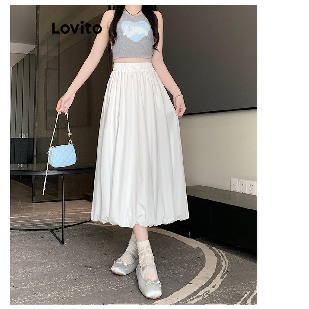 (Trendy) Lovito Saias Casuais Saia Plissada Lisa Para Mulheres LNA62057