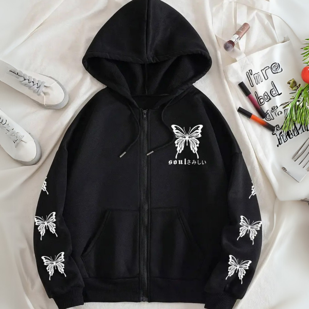 Moletom Borboleta Soul Japonês Gótico Ziper Oversized Streetwear