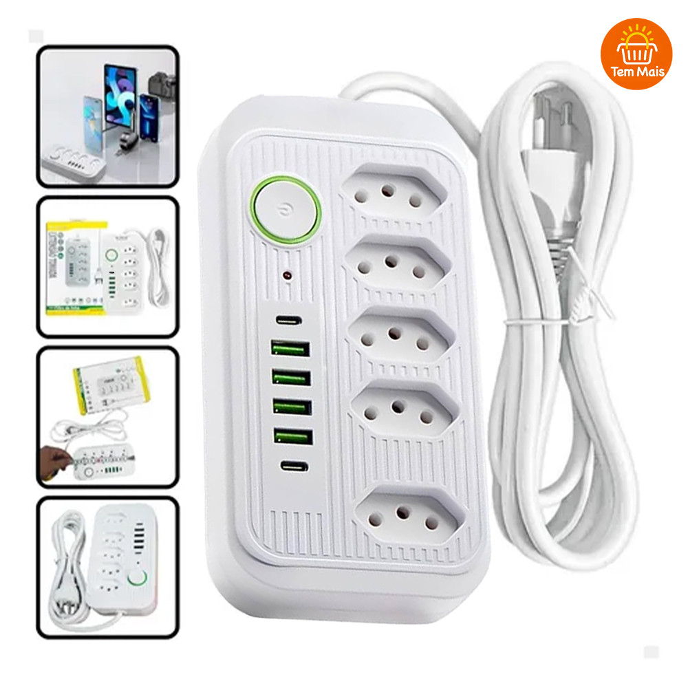 Filtro de Linha Bivolt 5 Tomadas com 4 USB Tipo C