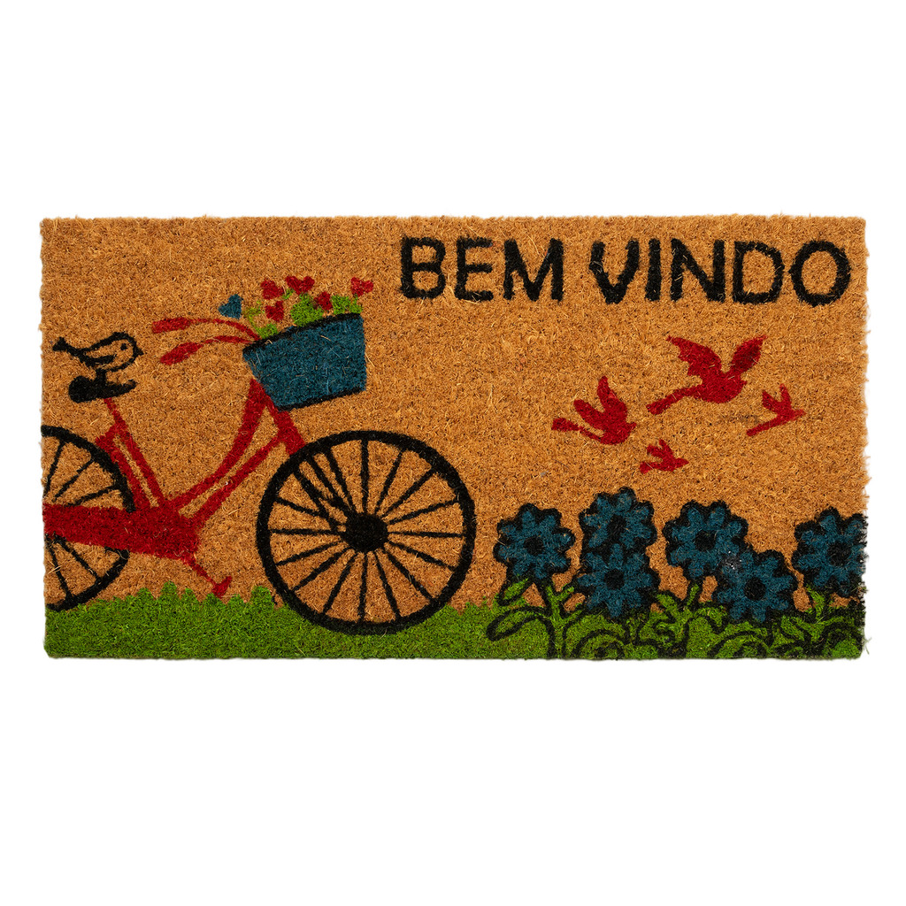 Capacho Entrada Fibra Coco Bem Vindo Estampado Bicicleta 33x60cm Antiderrapante Marrom Edantex em Oferta na Shopee