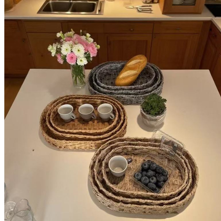 Conjunto de 3 peças de cesta oval, bandeja decorativa para armazenamento, cozinha doméstica