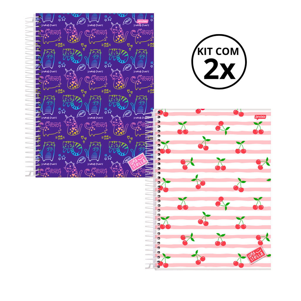 Kit 02 Cadernos Universitário 15 Matérias 240 Folhas Stella - Jandaia CAPA:Gato/Cereja em Oferta na Shopee