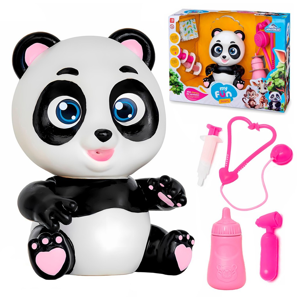 Boneco Panda Baby Que Mama E Chora Com Mamadeira Lencinho E Kit Médico Em Vinil - Adijomar