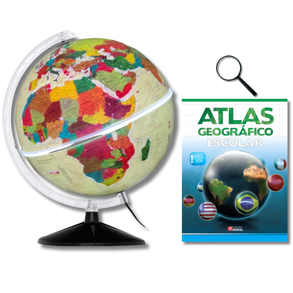 Globo Terrestre Físico Histórico Com Luz 30cm + Atlas Geográfico + Lupa