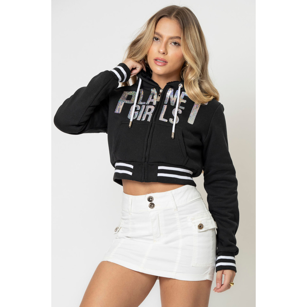 Moletom Cropped Dupla Face Com Relevo Planet Girls Preto - Women Clothes