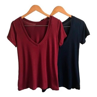 Blusinha Feminina Básica Decote V Manga Curta Slim Fit
