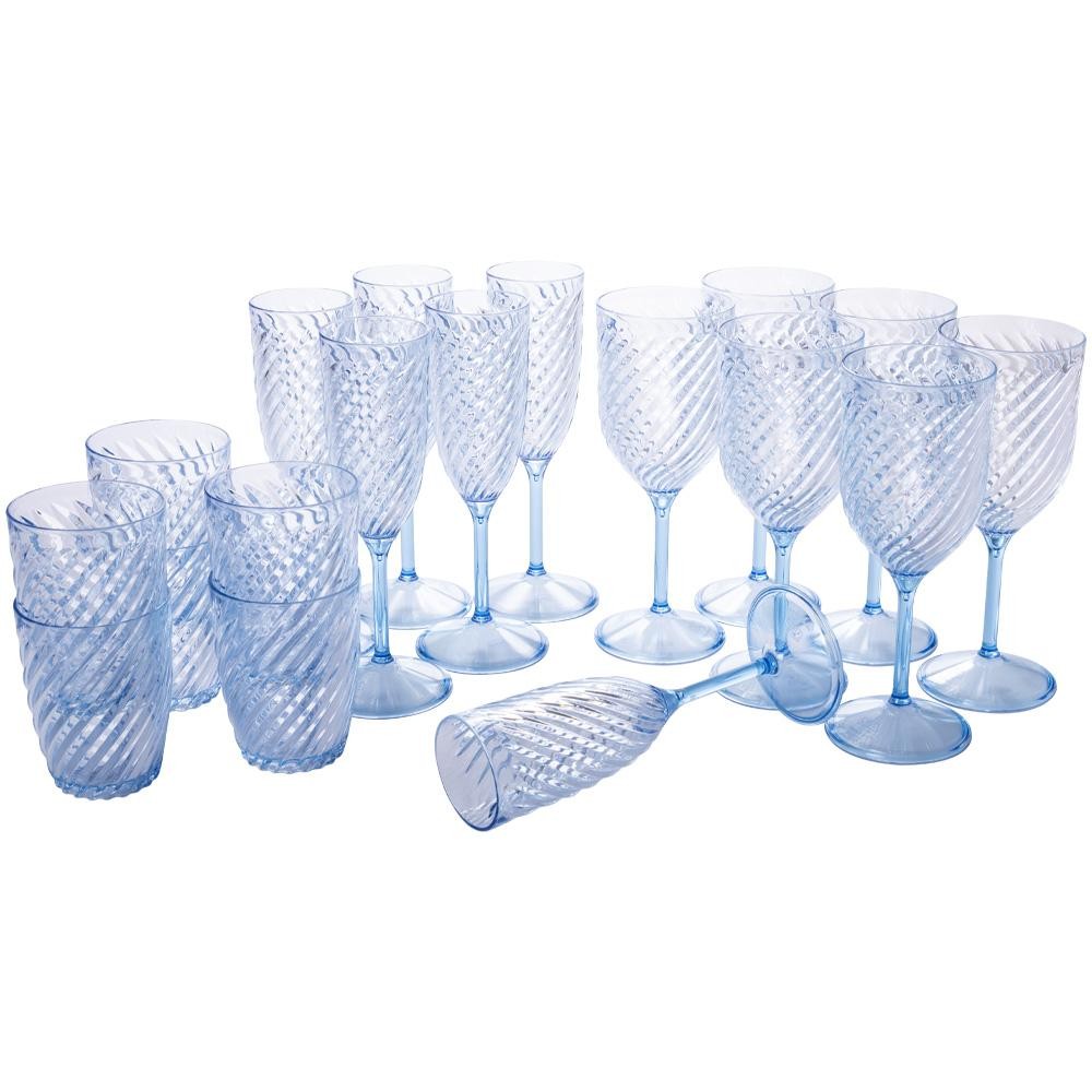 Kit Mesa Posta 18 Peças Twist Azul 12 Taças 6 Copos Plástico Plasútil
