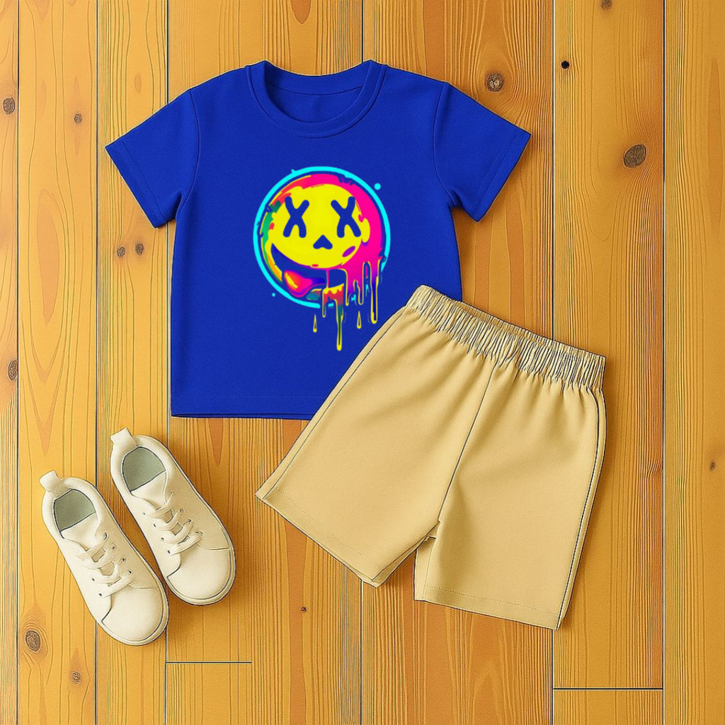 Conjunto  Short Moletinho e Camiseta Algodão para Crianças Estampado Smile Colorido