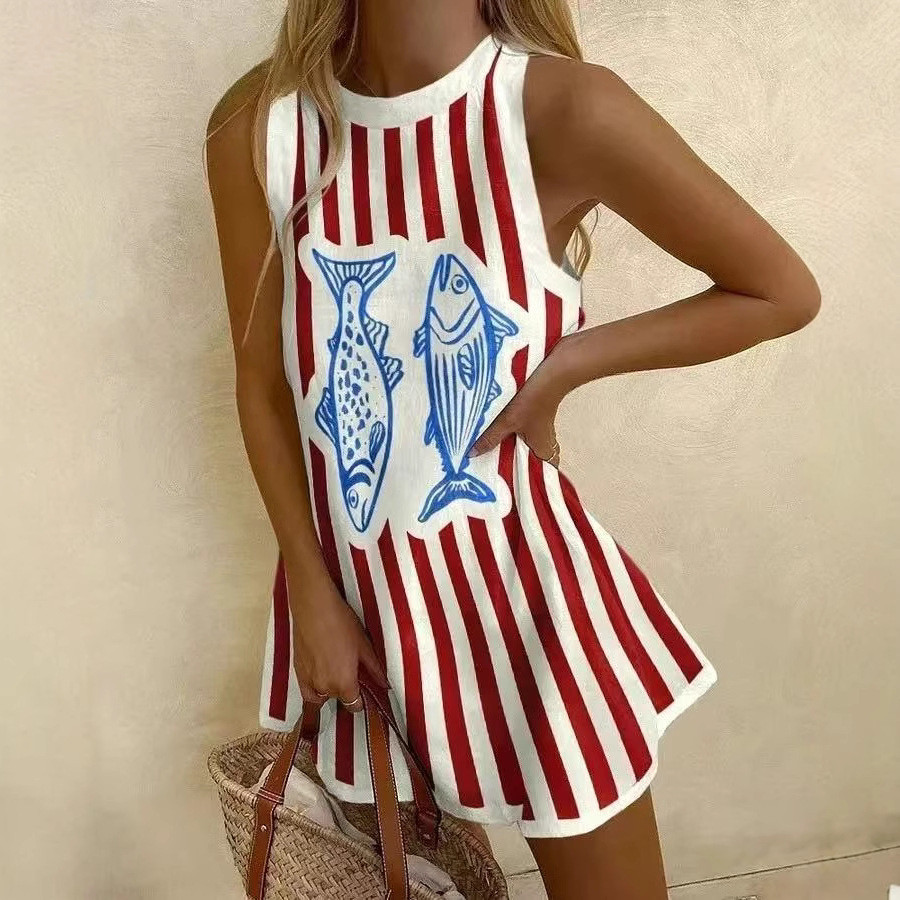 Verão 2025 Novo Em Torno Do Pescoço Sem Mangas Oceano Elemento Vestido Curto Casual Para Roupas Femininas