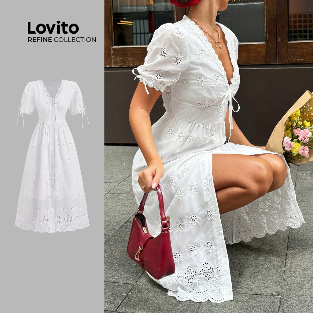 (Lovito Refine) Vestido Boho De Algodão Com Bordado Inglês E Cadarço Na Frente Branco Primavera/verão LR13L183 em Oferta na Shopee