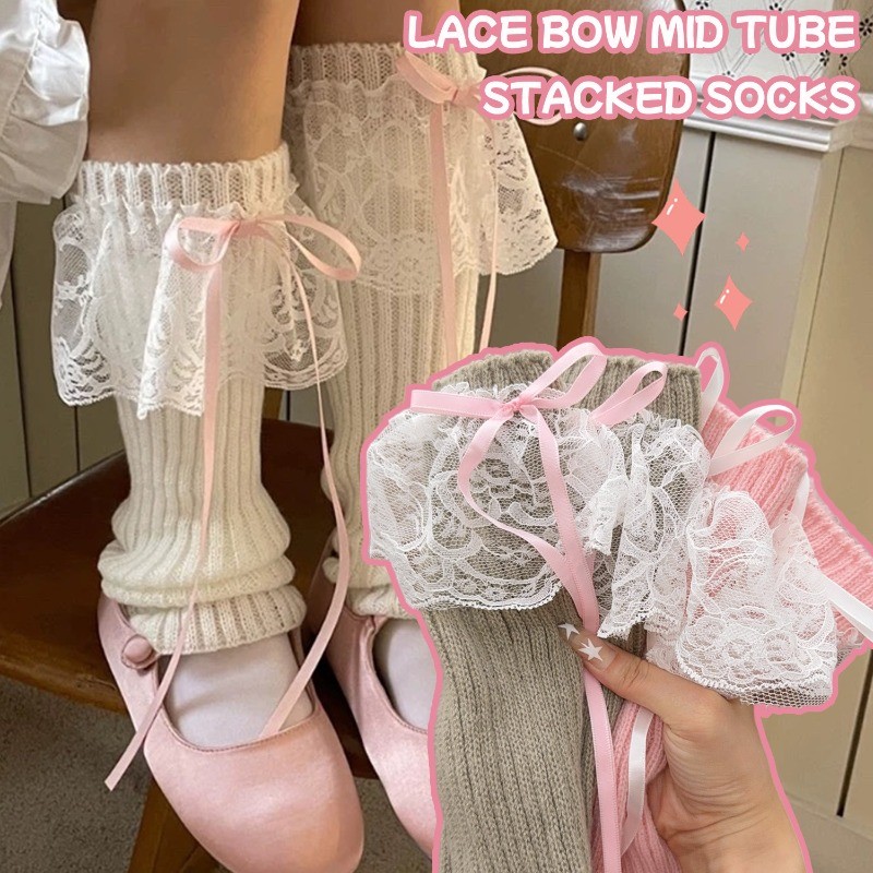 1-4 Pares De Meias Longas De Malha Com Fita De Renda Lolita Y2K-Aquecedores De Pernas Femininos JK Outono Inverno-Estilo em Oferta na Shopee
