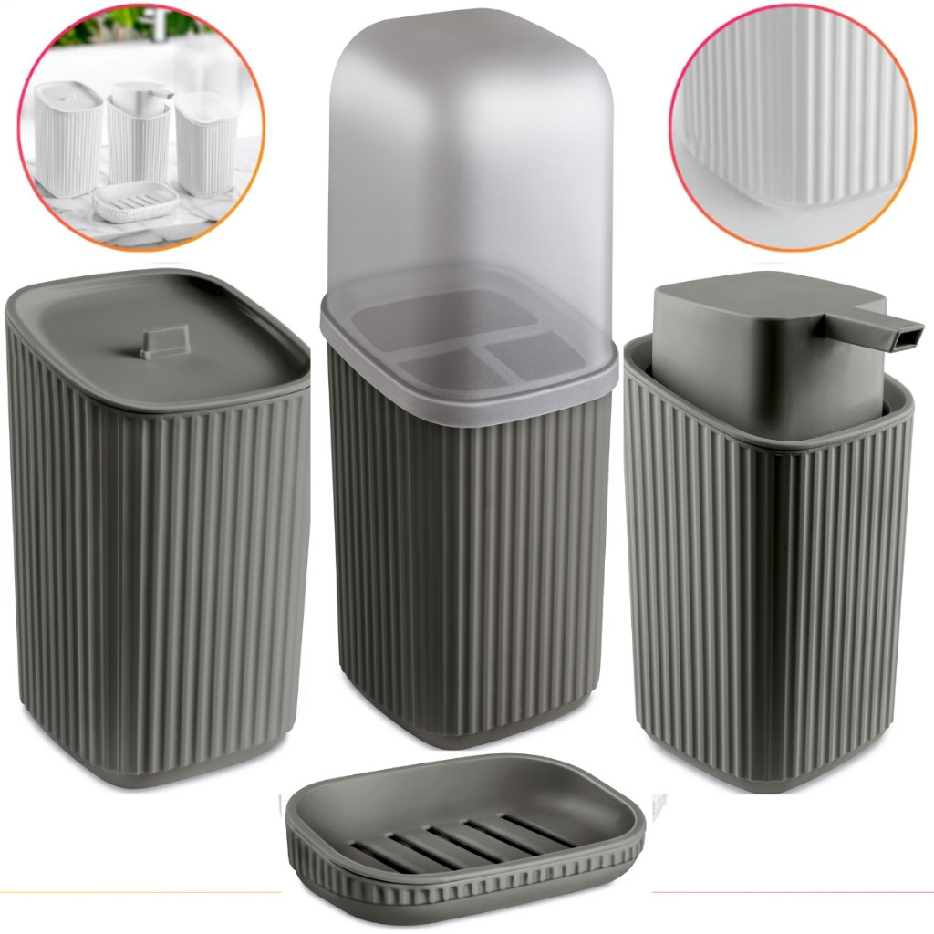 Kit 4 Acessórios Banheiro Porta Sabonete Líquido, Porta Algodão, Porta Escovas e Saboneteira Av