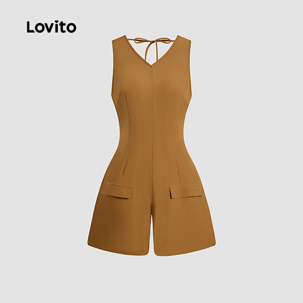 Detalhes do Lovito Macacão Elegante com Bolso Falso Sem Costas com Laço Traseiro Primavera/verão Marrom L142ED432