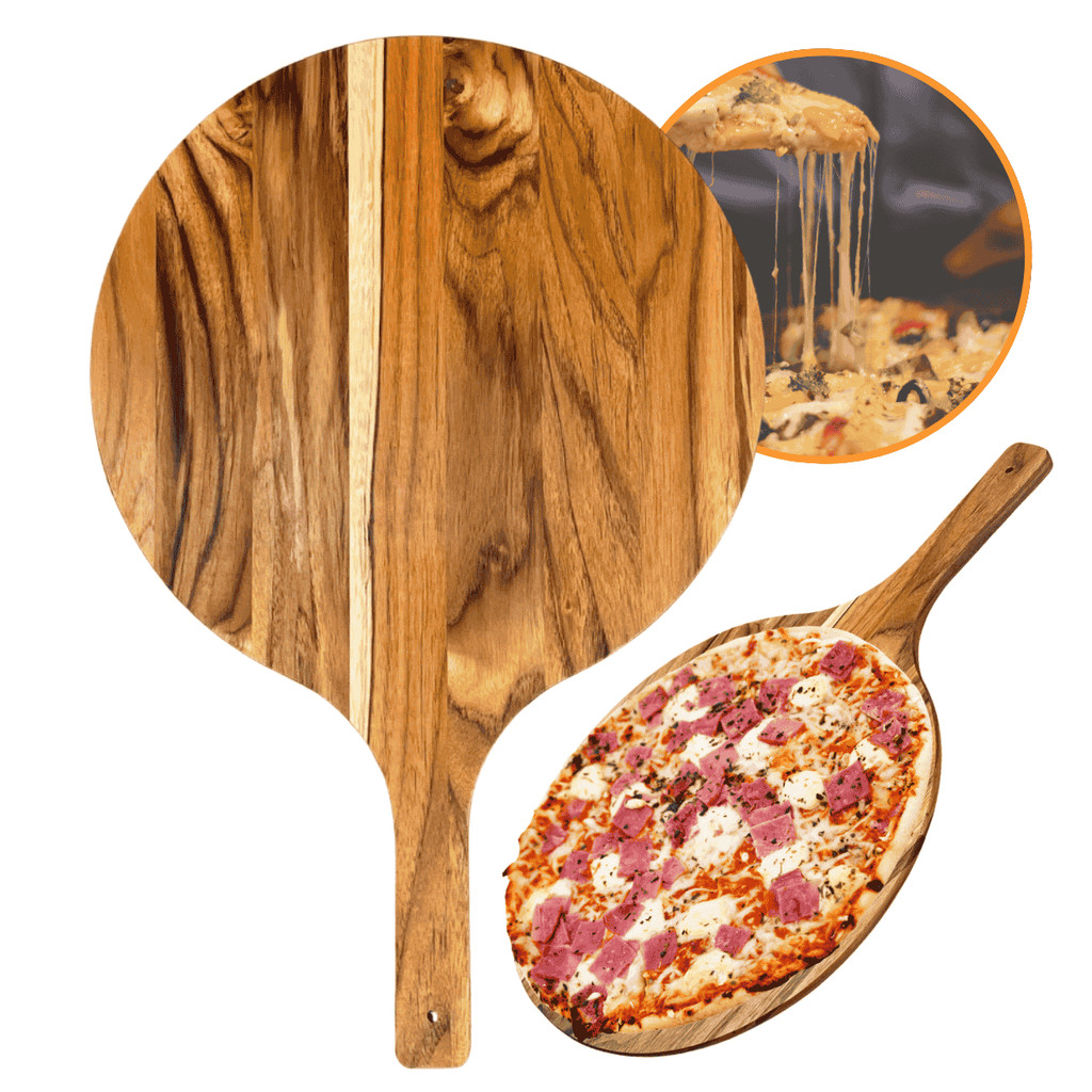 Pá Para Pizza Em Madeira Teca 30Cm Com Cabo Curto Para Forno e Pizzaria