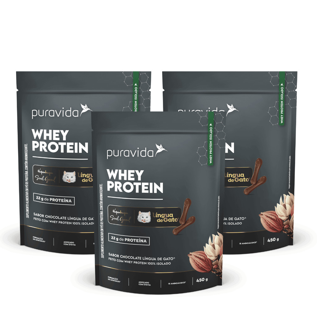 Kit 3 Whey Protein Isolado Chocolate Língua De Gato 450g Puravida