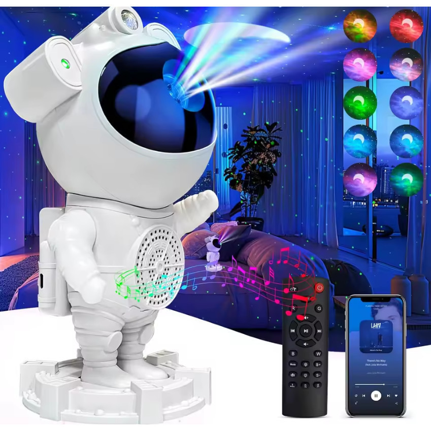 Imagem Luminária Astronauta com Som Bluetooth – Projetor de Luz Galáxia e Estrelas no Espaço