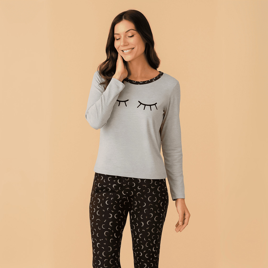Pijama Feminino Longo Estampado Adulto Cilios Lua Dormir