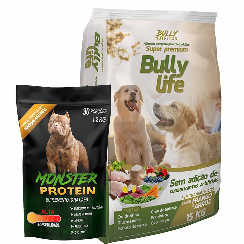 Ração Super Premium Bully Life 15kg + Suplemento Bully Monster 1,2kg  + Moringa Dog 60g