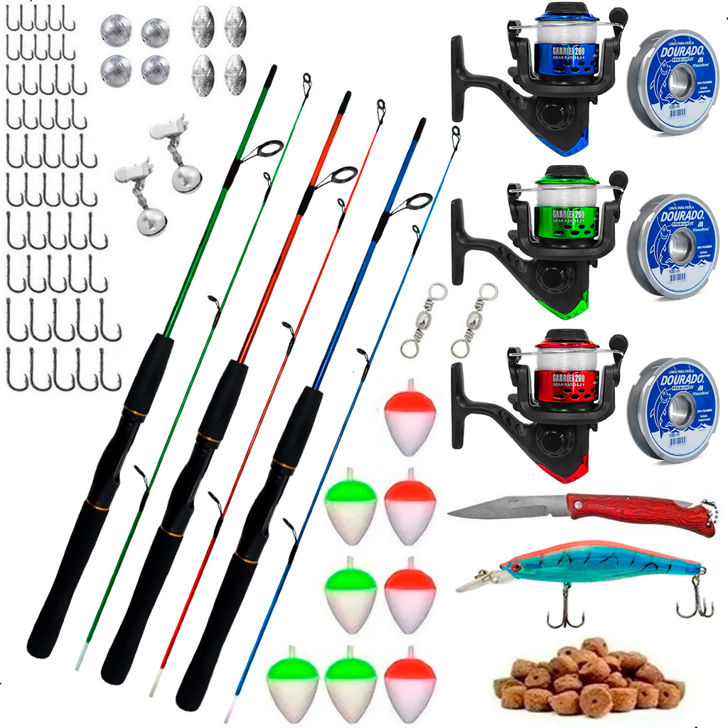 Kit Pescaria Completa 3 Vara 3 Molinete + Itens em Oferta na Shopee