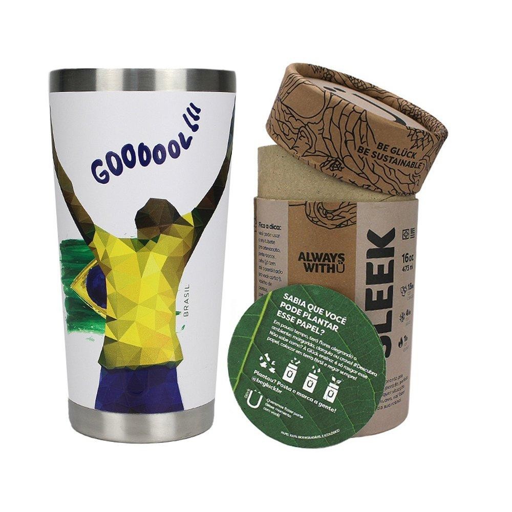 Copo Térmico Gluck Sleek Brasil Goooool 473Ml Inox 4h gel