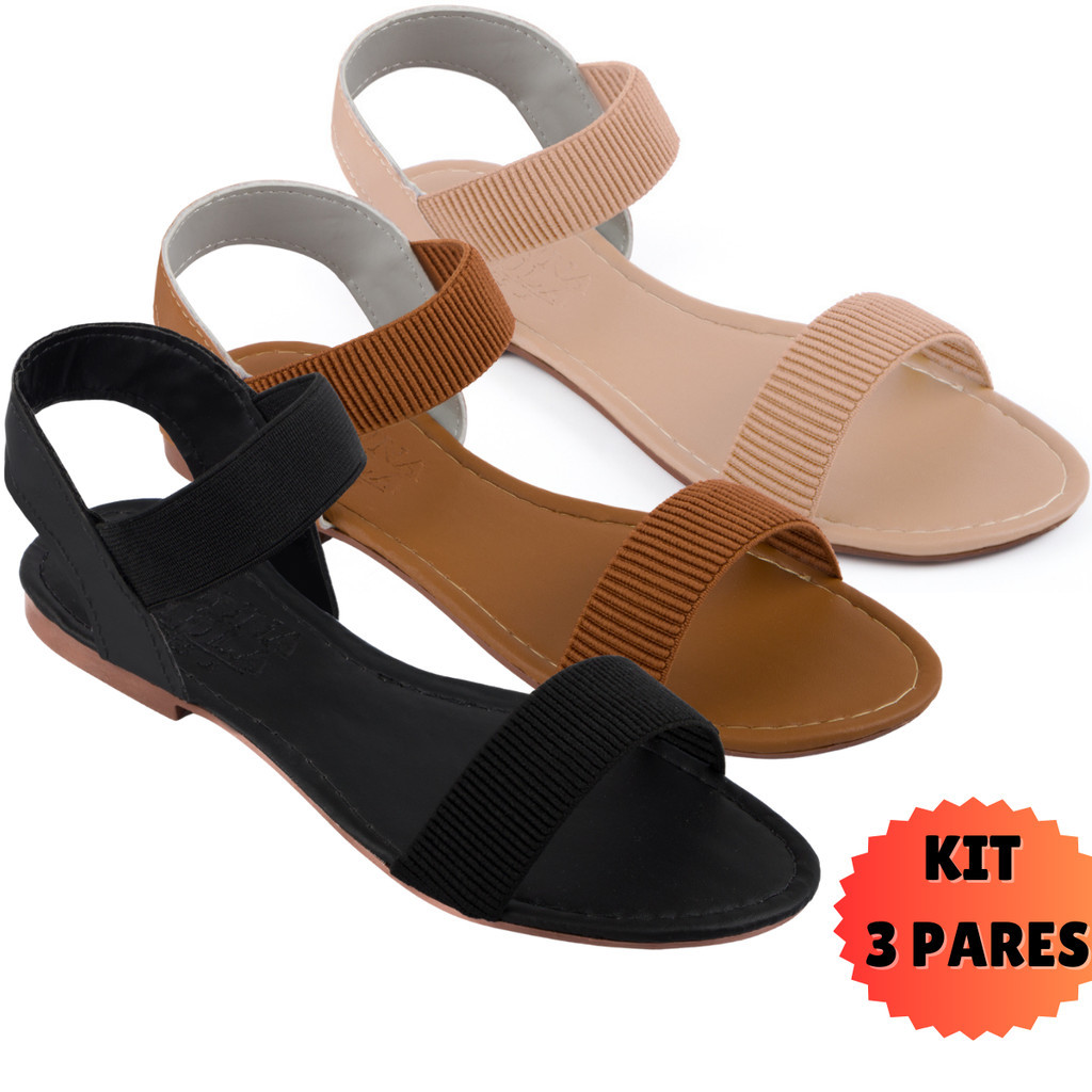 Sandália Feminina Rasteirinha Rasteira Feminina Kit 3 Pares Confortável Tiras Calcanhar Elástico Dia a Dia