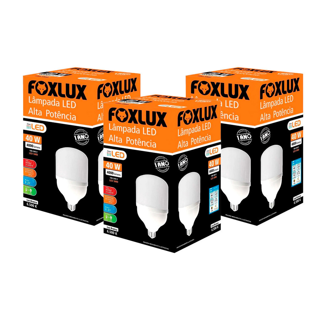 Kit 3 Lâmpada LED 40W Bulbo Alta Pot Bivolt 6500K Foxlux - Home & Living