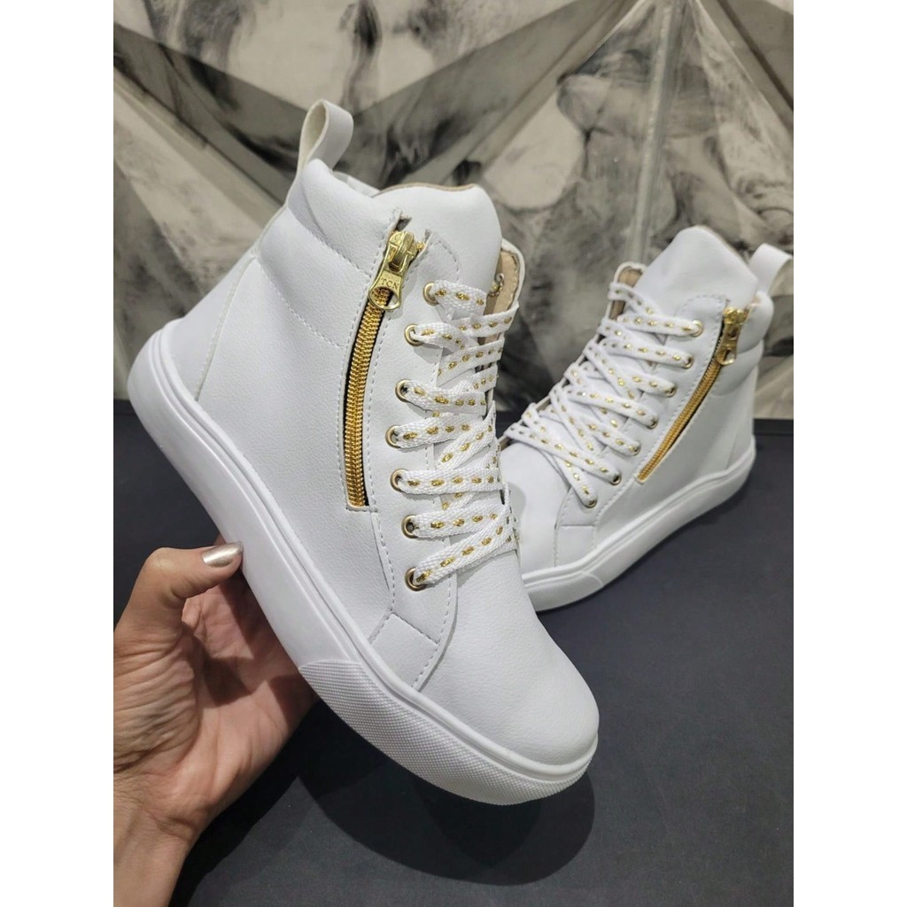 Tênis Feminino Cano Alto Casual Botinha Fitness de Cadarço e Ziper Lateral