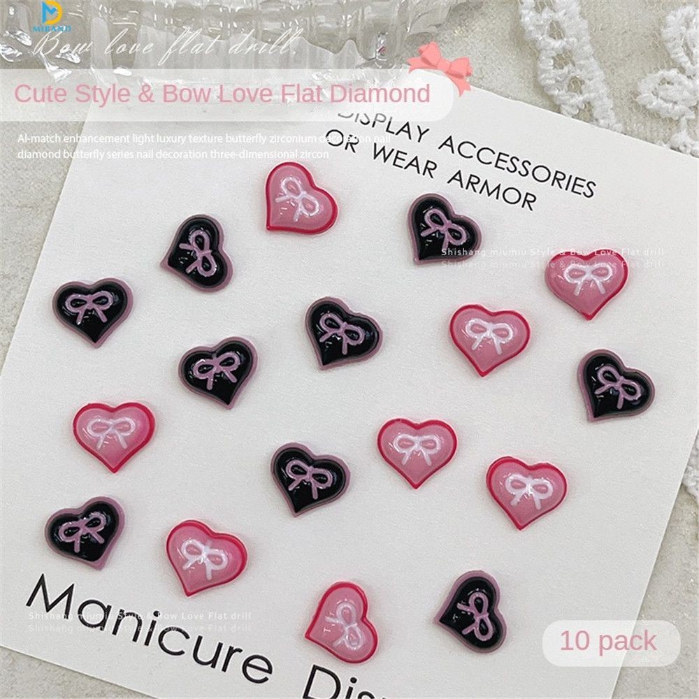 10 pçs bowknot fundo plano diamante acessórios de unhas dos desenhos animados menina coração rosa rosa preto resina diamante (miband.br)