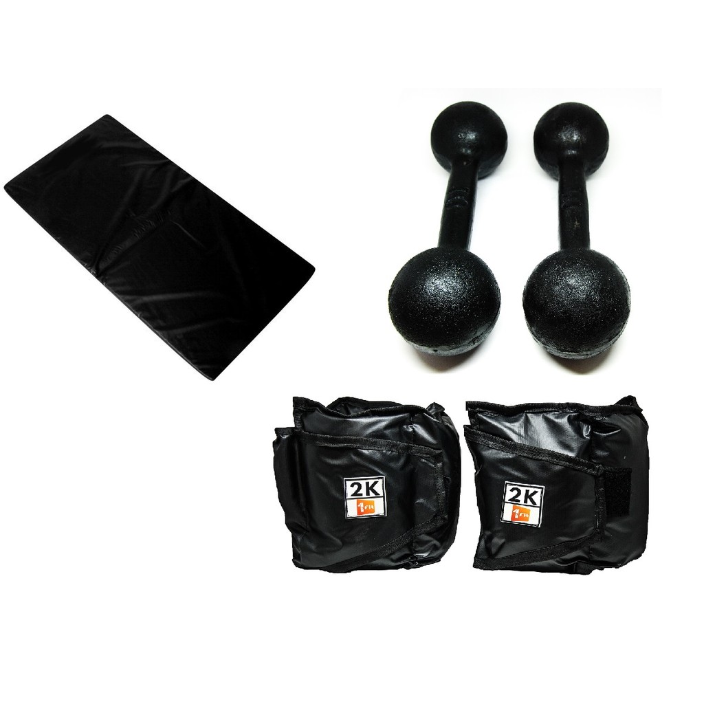 Kit Colchonete Preto + Par de Caneleira 2Kgs + Par de Halter Bola Pintado 10kg