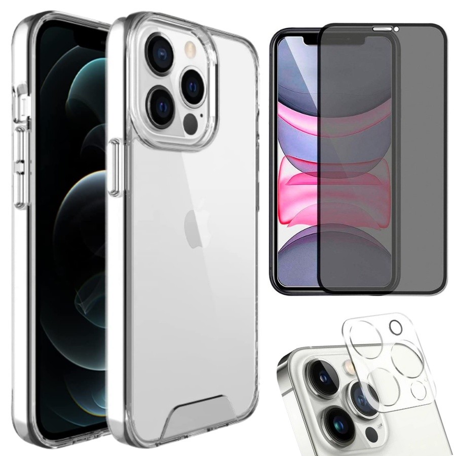 Kit 3em1 Compatível Com iPhone 11 Pro Max - Capa Clear Space + Película De Vidro 3D Privacidade + Película de Câmera