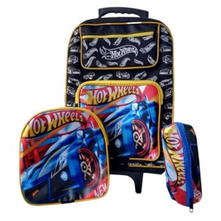 Kit Mochila Escolar Grande para Meninos Três Peças Bolsa Rodinhas Resistente com Lancheira e Estojo Combinando Hotwheels em Oferta na Shopee