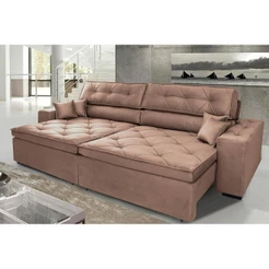 Sofá Austin 2,82m Retrátil, Reclinável com Molas no Assento e Almofadas, Suede Castor Cama inBox