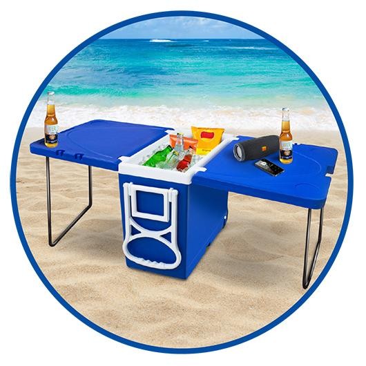 Super Caixa Térmica Cooler 32 Litros Multifuncional 3 Em 1  Com Mesa e Rodinhas