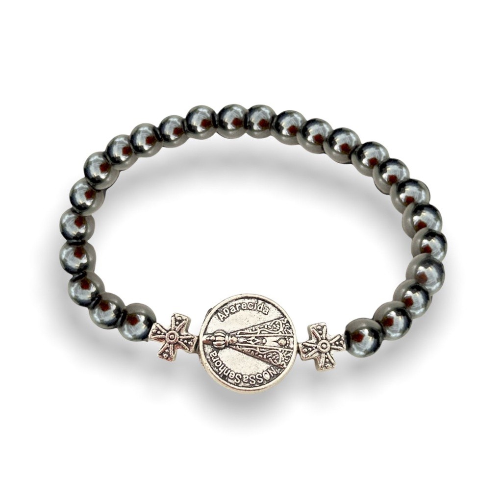 Pulseira Pedra Hematita Nossa Senhora Aparecida Unissex Metal Acessório Religioso Proteção Católico