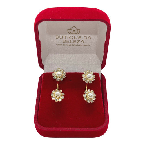 Brinco Folheado a Ouro 2 Flores Com Pérola Cravejadas Tipo Grace Kelly