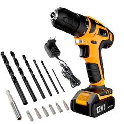 Furadeira Parafusadeira 3/8" a bateria de litio 12V com kit de brocas e bits