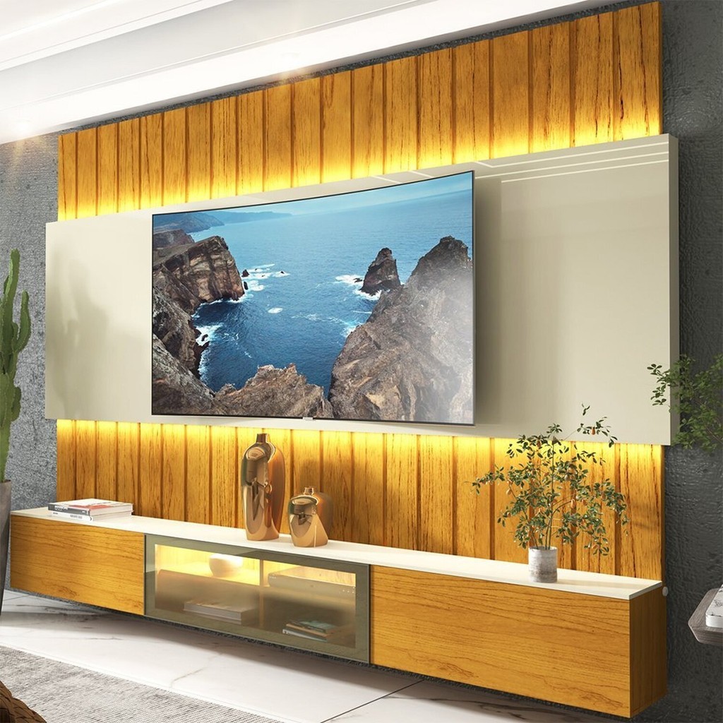 Estante Home para Tv até 90 Polegadas com Led 230cm Soberano Reflecta 100% MDF Naturale/Off White - Home & Living