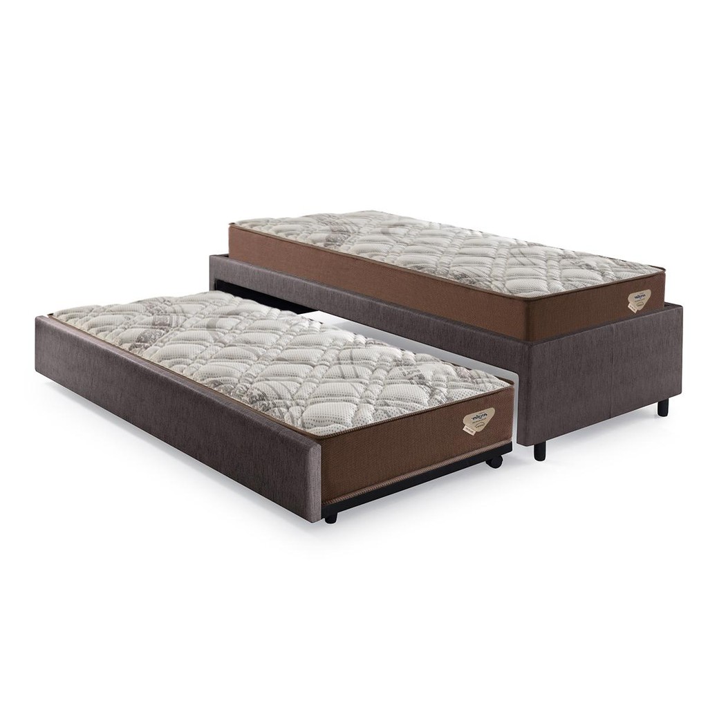 Bicama Box Solteiro 126x208 Courino Linho Marrom com 2 Colchões Relax Adorabile Molas Ensacadas Ecoflex