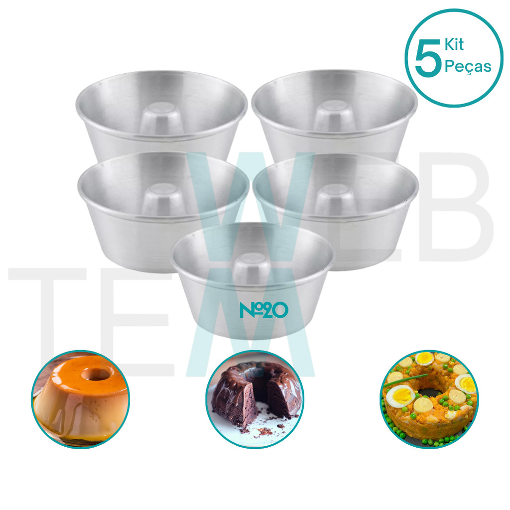 Kit 5 Formas de Pudim 8x20cm de Alumínio Sustentável para Bolos com Furo, Cuscuz,  Pudim, Manjar, Brigadeirão e Sobremesas, Cozimento Uniforme, Fácil Limpeza e Durabilidade, Ideal para Cozinhas Residenciais e Profissionais