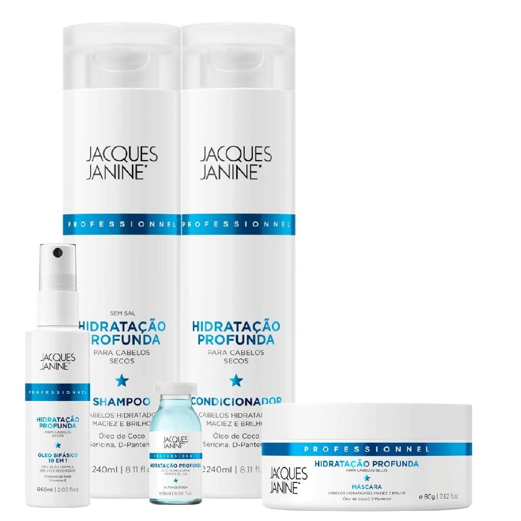Kit Jacques Janine Hidratação Profunda Shampoo Condicionador 240ml Máscara 240g Óleo 60ml Ampola